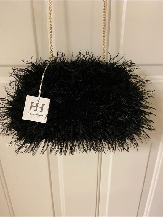 Haute Hippie Handbags - 🖤Haute Hippie Black Feathered ~Faux Fur Crossbody Bag with Gold Chain🖤